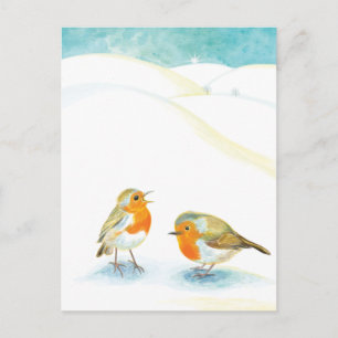 Cartão Postal De Festividades Dois Robin Redbreasts no inverno