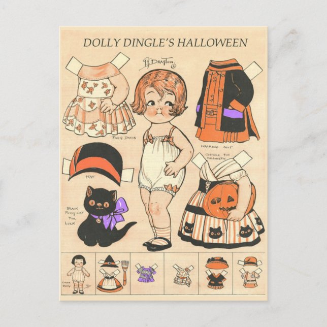 Cartão Postal De Festividades Dolly Dingle's Halloween Paper Dolls 🎎  (Frente)