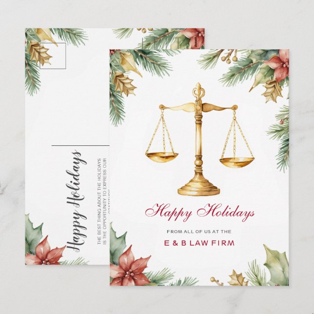 Cartão Postal De Festividades Dourada escala de justiça Holly Pine Lawyer Natal (Frente/Verso)