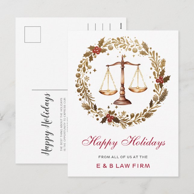 Cartão Postal De Festividades Dourada Escala de Justiça Holly Wreath Lawyer no N (Frente/Verso)