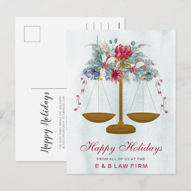 Cartão Postal De Festividades Dourada Escala de Justiça Holly Wreath Lawyer no N (Frente/Verso)