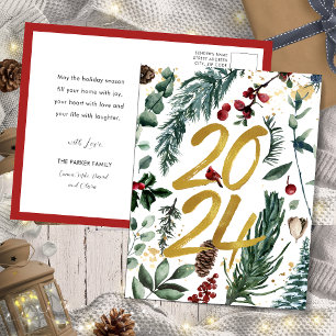 Cartão Postal De Festividades Dourado 2024 Pinheiro de Natal Festivo Bough Red F