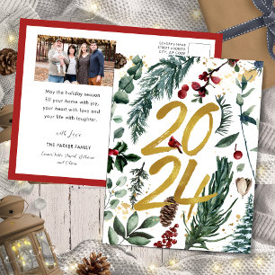 Cartão Postal De Festividades Dourado 2025 Pine Festiva de Natal Foto Vermelha B