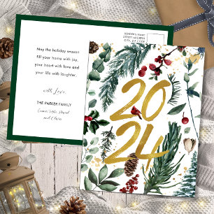 Cartão Postal De Festividades Dourado 2025 Pinheiro Natal Festivo Bough Red Flor