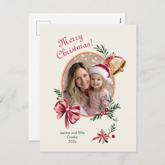 Cartão Postal De Festividades Dourado Bells Arcos Rosa Foto Natal (Frente/Verso)