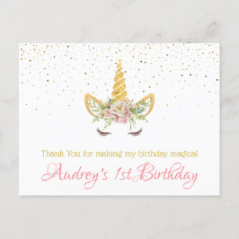 Cartão Postal De Festividades Dourado brilho | Floral Unicorn Horn Birthday Baby