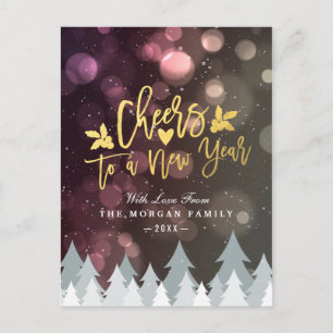 Cartão Postal De Festividades Dourados aplausos para o Ano Novo Script Bokeh Spa