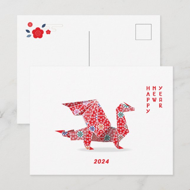 Cartão Postal De Festividades Dragão Vermelho Origami, 2024, Ano Novo Chinês (Frente/Verso)