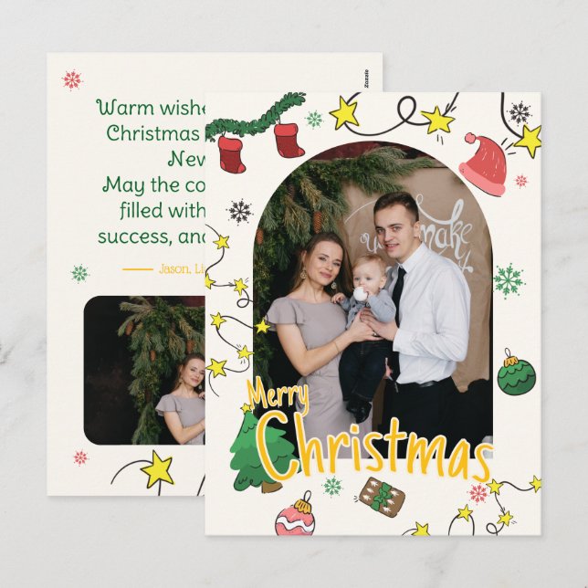 Cartão Postal De Festividades Draw Christmas Family Photo Greeting Card (Frente/Verso)