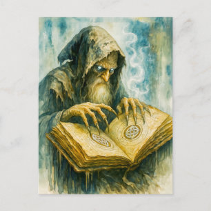 Cartão Postal De Festividades Druida celta sombrio com livro de feitiços e garra