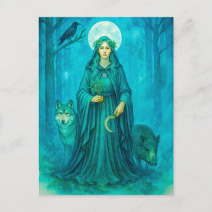 Cartão Postal De Festividades Druidesa celta com lobo javali e corvo