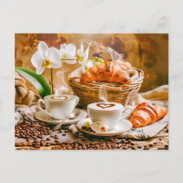 Cartão Postal De Festividades Duas cappuccinias com croissantes e orquídeas