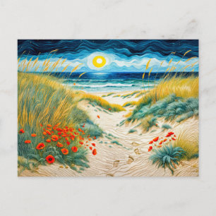 Cartão Postal De Festividades Dunas de Areia Costeira com Poppies e Pegadas