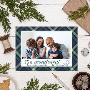 Cartão Postal De Festividades É uma Vida Maravilhosa Tartã Verde e Azul Marinh