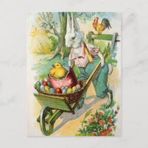 Cartão Postal De Festividades Easter Bunny Antique Post Card Wheel Barrow Chicks