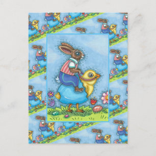 CARTÃO POSTAL DE FESTIVIDADES EASTER BUNNY RIDING CUTE CHICK IN BLUE EGG, WHIMSY