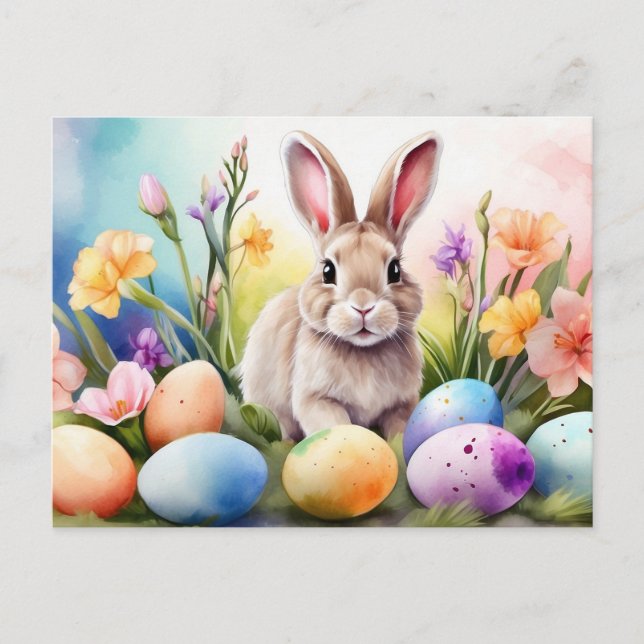 Cartão Postal De Festividades Easter Bunny with Spring Flowers, Painted Eggs (Frente)