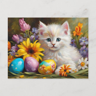 Cartão Postal De Festividades Easter Kitten with Flowers and Painted Eggs 