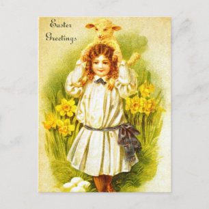 Cartão Postal De Festividades Easter Postcard with Sweet Victorian Girl Lamb