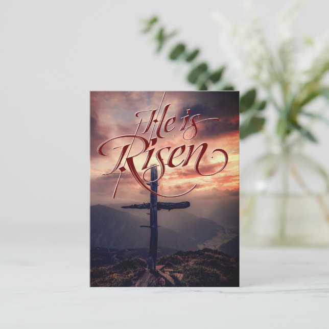 Cartão Postal De Festividades Ele é Risen Páscoa Script Cross (Em pé/Frente)