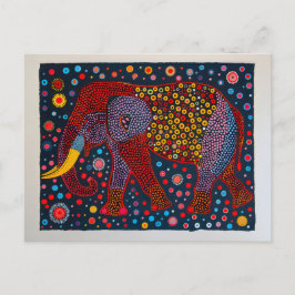 Cartão Postal De Festividades Elefante Abstrato Vermelho Azul com Flores Pontilh