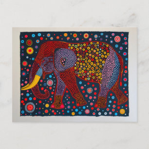 Cartão Postal De Festividades Elefante Abstrato Vermelho Azul com Flores Pontilh