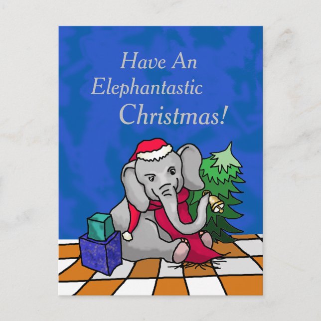 Cartão Postal De Festividades Elefante de Natal de Cartoon Adorável com Santa Ha (Frente)