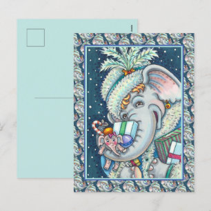 CARTÃO POSTAL DE FESTIVIDADES ELEFANTE DE NATAL, TROMBA CHEIA DE PRESENTES E ALE