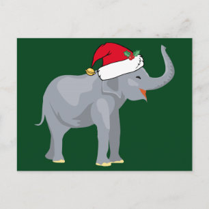 Cartão Postal De Festividades Elefante Fofo com Chapéu de Papai Noel Verde Natal