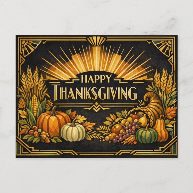 Cartão Postal De Festividades Elegant Black Gold Art Deco Thanksgiving Harvest (Frente)