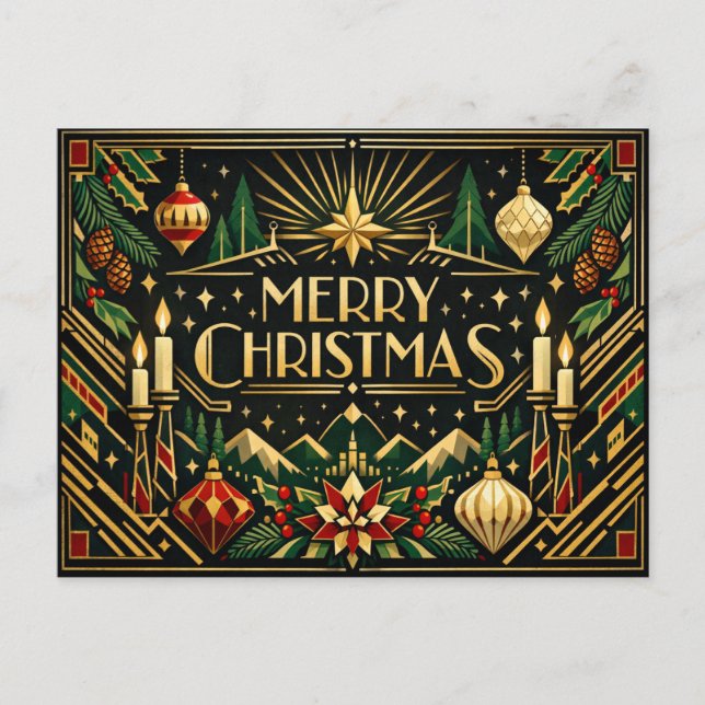Cartão Postal De Festividades Elegant Gold Art Deco Merry Christmas  (Frente)