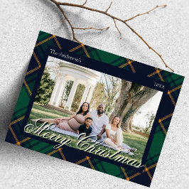 Cartão Postal De Festividades Elegant Navy Green Plaid Christmas