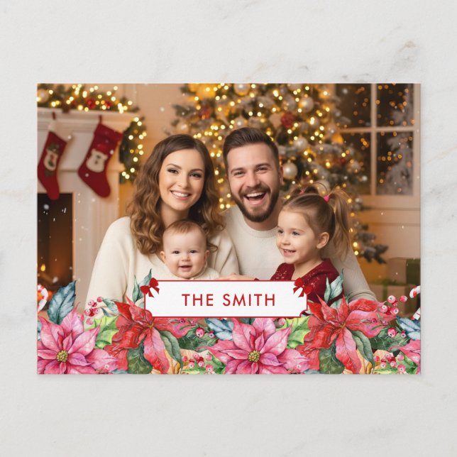 Cartão Postal De Festividades Elegant Poinsettia Floral Border Custom Photo  (Frente)