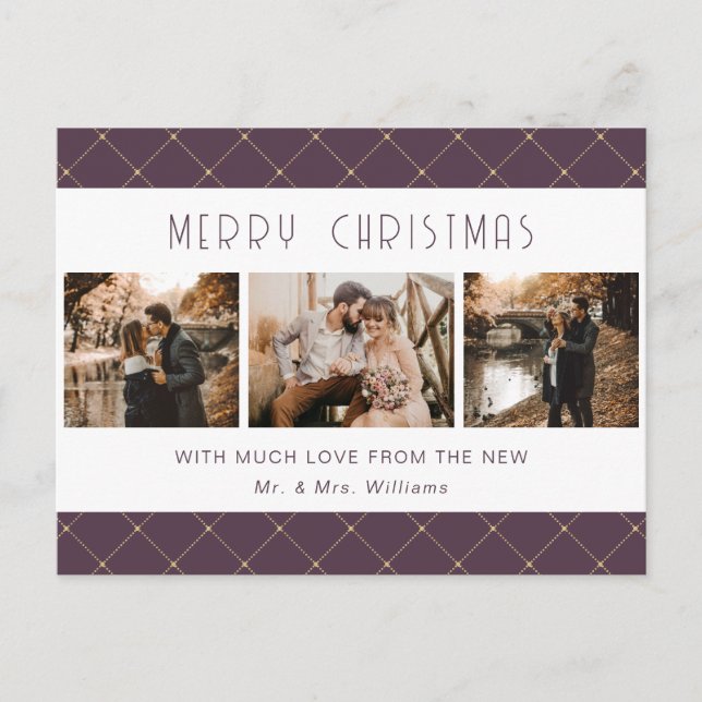 Cartão Postal De Festividades Elegant Purple Gold Photo Newlywed (Frente)
