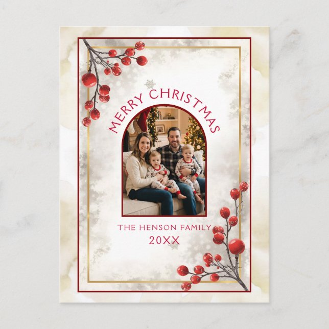 Cartão Postal De Festividades Elegant Red Berries Family Photo Christmas  (Frente)