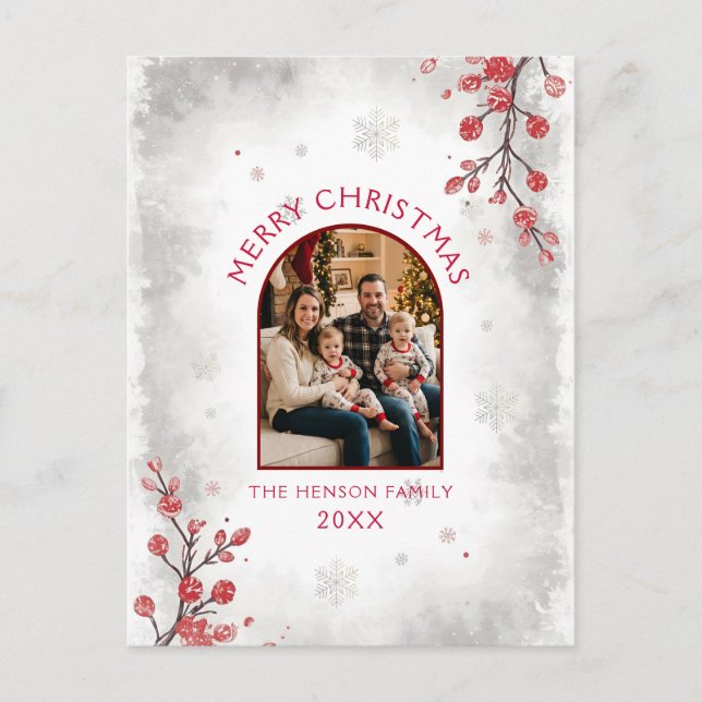 Cartão Postal De Festividades Elegant Red Berries Family Photo Christmas  (Frente)