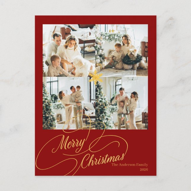 Cartão Postal De Festividades Elegant Red & Gold Merry Christmas Family Photo -  (Frente)