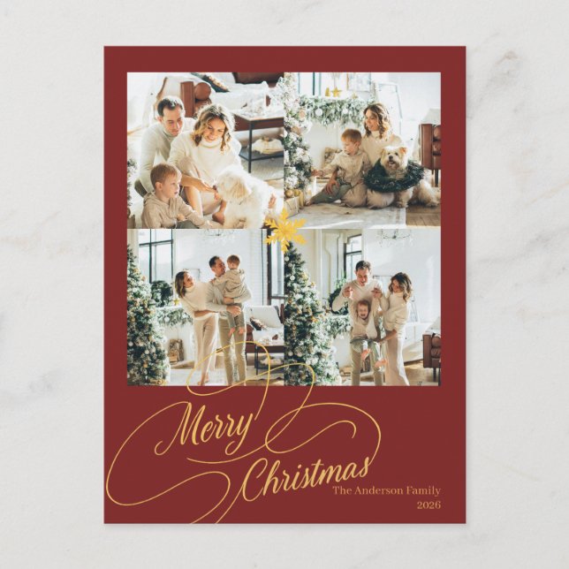 Cartão Postal De Festividades Elegant Red & Gold Merry Christmas Family Photo -  (Frente)