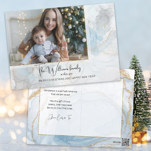 Cartão Postal De Festividades Elegant Sparkly Blue & Gold Alcohol Ink Photo