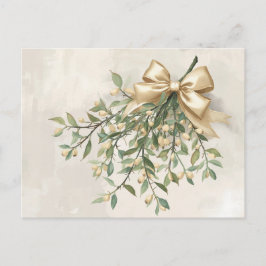 Cartão Postal De Festividades Elegant Watercolor Mistletoe and Gold Bow