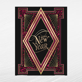 Cartão Postal De Festividades Elegante Ano Novo Art Déco em Dourado e Borgonha