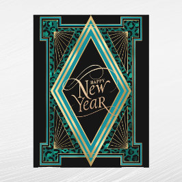 Cartão Postal De Festividades Elegante Ano Novo Dourado em Verde-Azul Art Déco