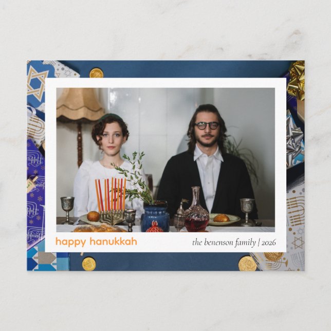 Cartão Postal De Festividades Elegante Azul Feliz Hanukkah Família 1 Foto (Frente)
