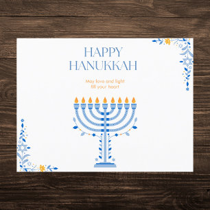 Cartão Postal De Festividades Elegante Blue e Dourado Menorah Hanukkah