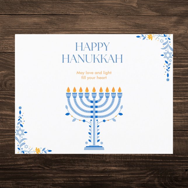 Cartão Postal De Festividades Elegante Blue e Dourado Menorah Hanukkah (Criador carregado)