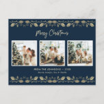 Cartão Postal De Festividades Elegante Blue Photo Collage Feliz Natal<br><div class="desc">Elegante fotografia azul e dourada com letras de mão Cartões postais Feliz de Natal com colagem fotográfica e holly em fundo azul. Personalize facilmente este cartão postal de Natal fotográfico com as suas imagens e nomes favoritos. O fundo pode ser personalizado a qualquer cor.</div>