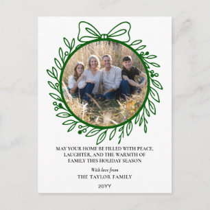 Cartão Postal De Festividades Elegante Coroa de Natal em Verde com Laço Desenhad