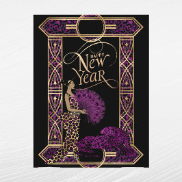 Cartão Postal De Festividades Elegante Dama Leopardo Roxo Dourado Ano Novo Art D