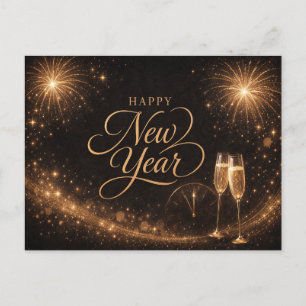 Cartão Postal De Festividades Elegante Design de Ano Novo com Brilho Dourado