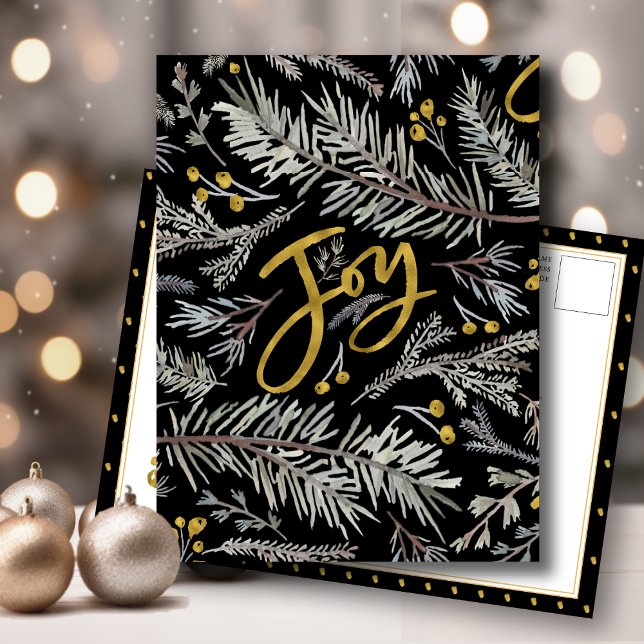Cartão Postal De Festividades Elegante Dourado Script JOY Pine Bough Christmas (Criador carregado)